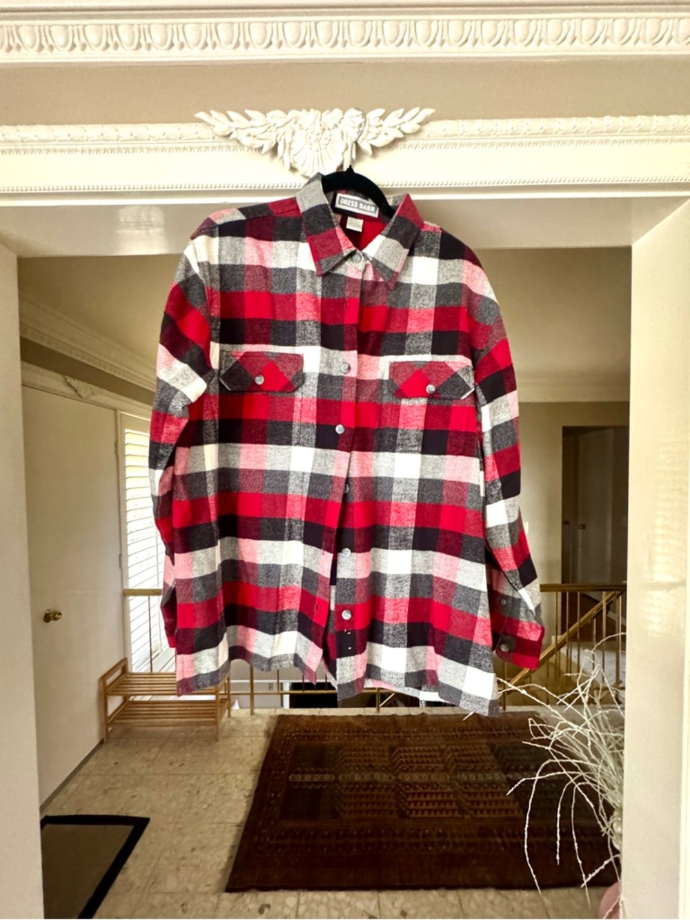 Dress Barn Red, Black and White Plaid Button-Down Shirt
